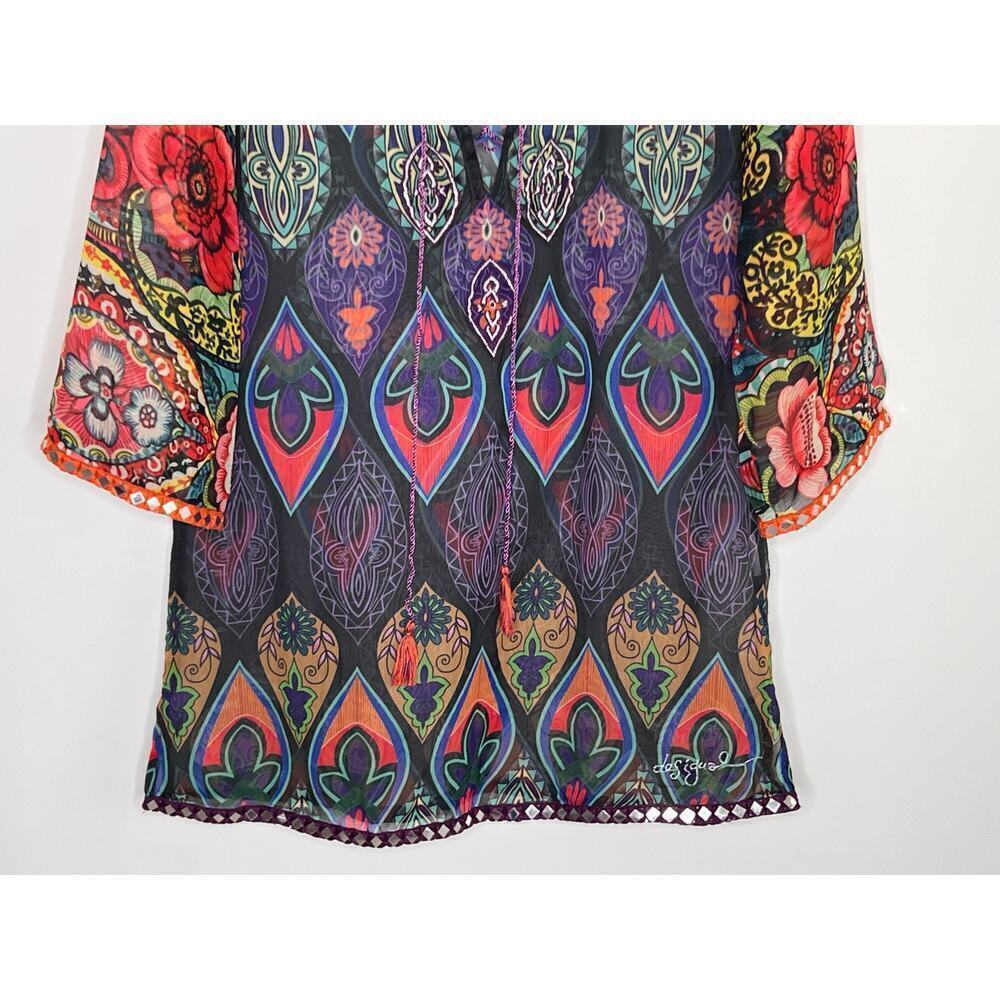 Desigual Rugos Embroidered Geometric Sheer Chiffon Kaftan Blouse Multi Women's M - Picture 6 of 9
